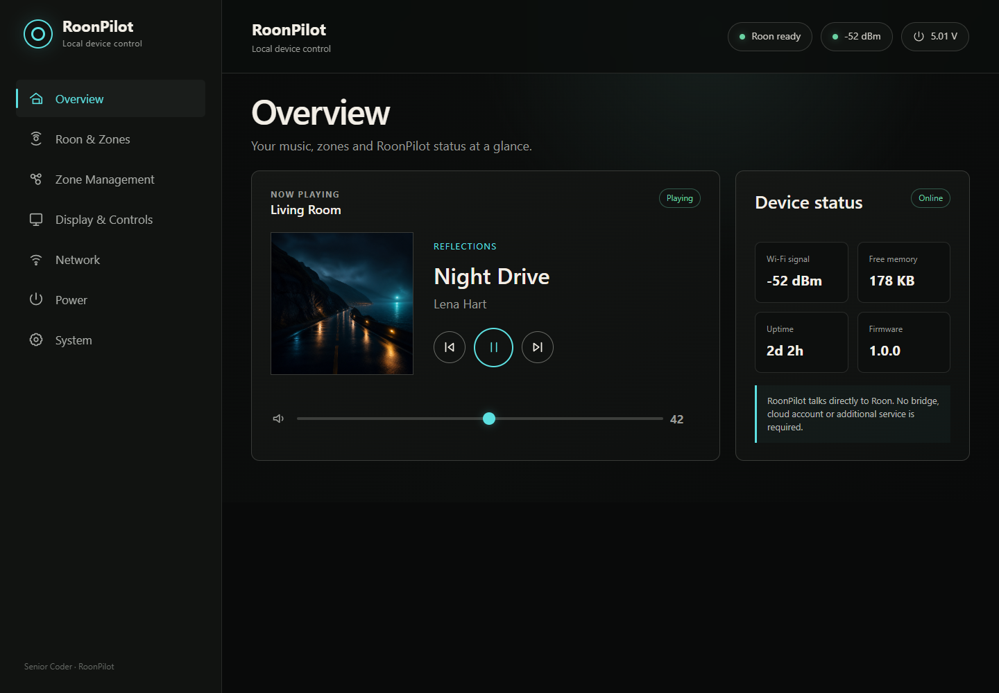 RoonPilot local web interface overview